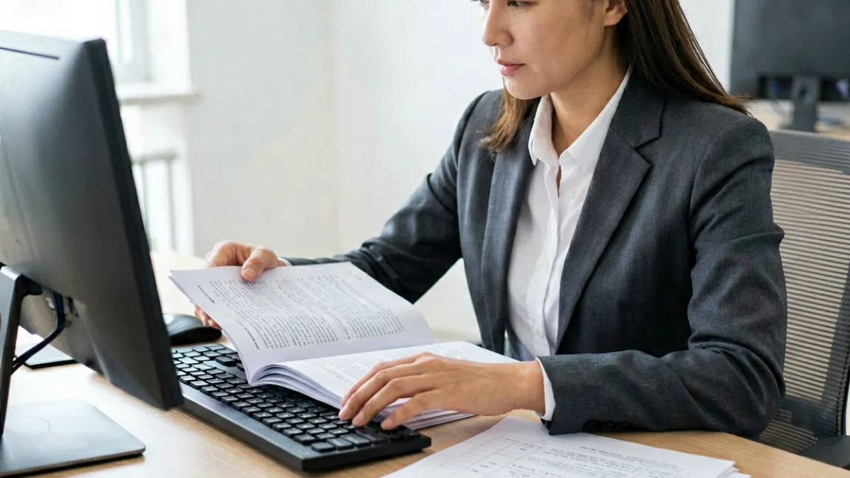 一位内容审核专员在办公室内对照规范手册逐项核查用户上传内容，桌面上摆放着政策文件与审核记录表