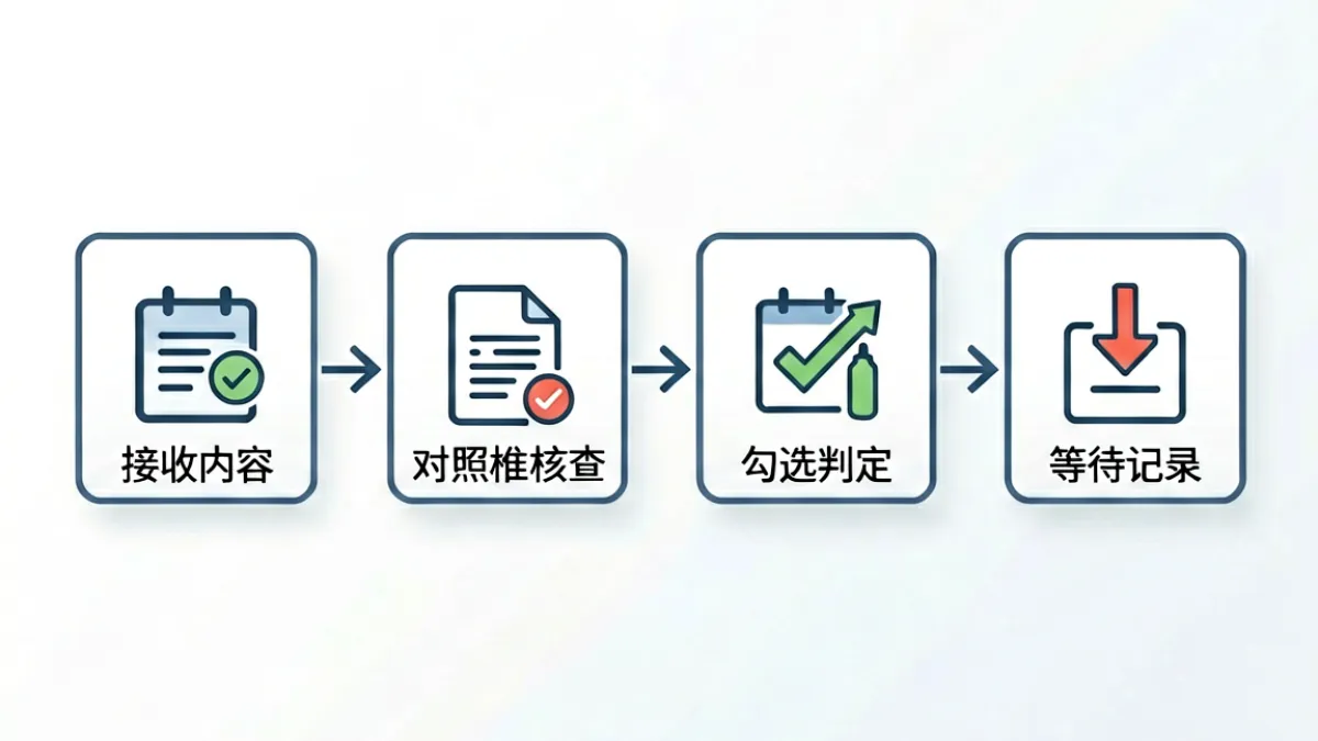鉴黄师审核流程示意图，展示从接收内容到提交判定结果的四个操作步骤